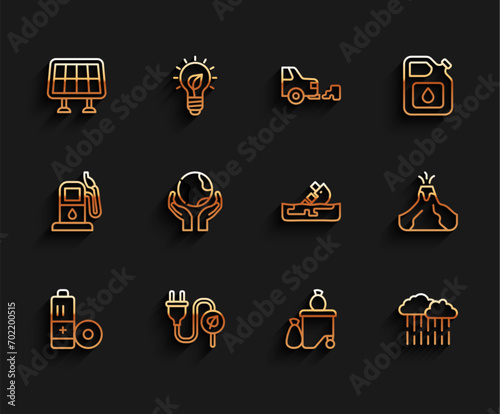 Set line Battery, Electric saving plug in leaf, Solar energy panel, Full dustbin, Cloud with rain, Hands holding Earth globe, Volcano eruption lava and Wrecked oil tanker ship icon. Vector