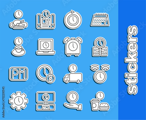 Set line Fast food time, Clock, Time is money, with arrow, Laptop, Coffee, Food and Alarm clock icon. Vector