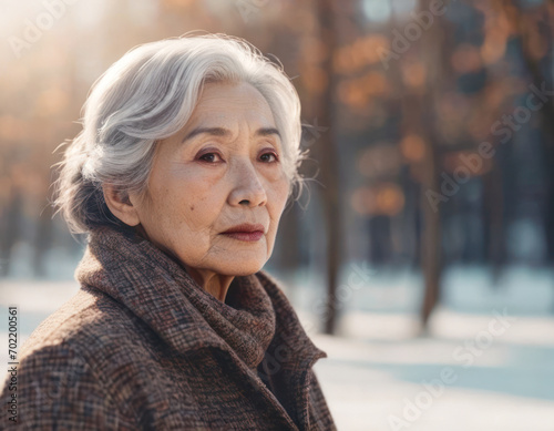 寂しげな表情で 遠くを見つめる 白髪の婦人 A gray-haired lady stares off into the distance with a lonely expression on her face. 