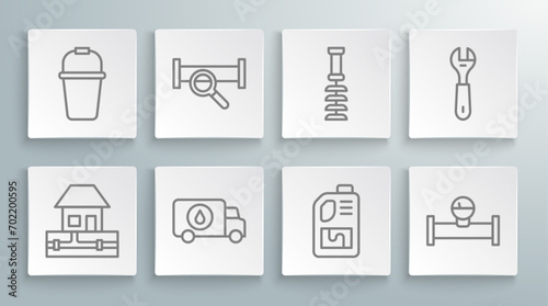 Set line Water supply pipes, Industry metallic, Plumber service car, Drain cleaner bottle, and manometer, Toilet brush, Wrench spanner and Bucket icon. Vector