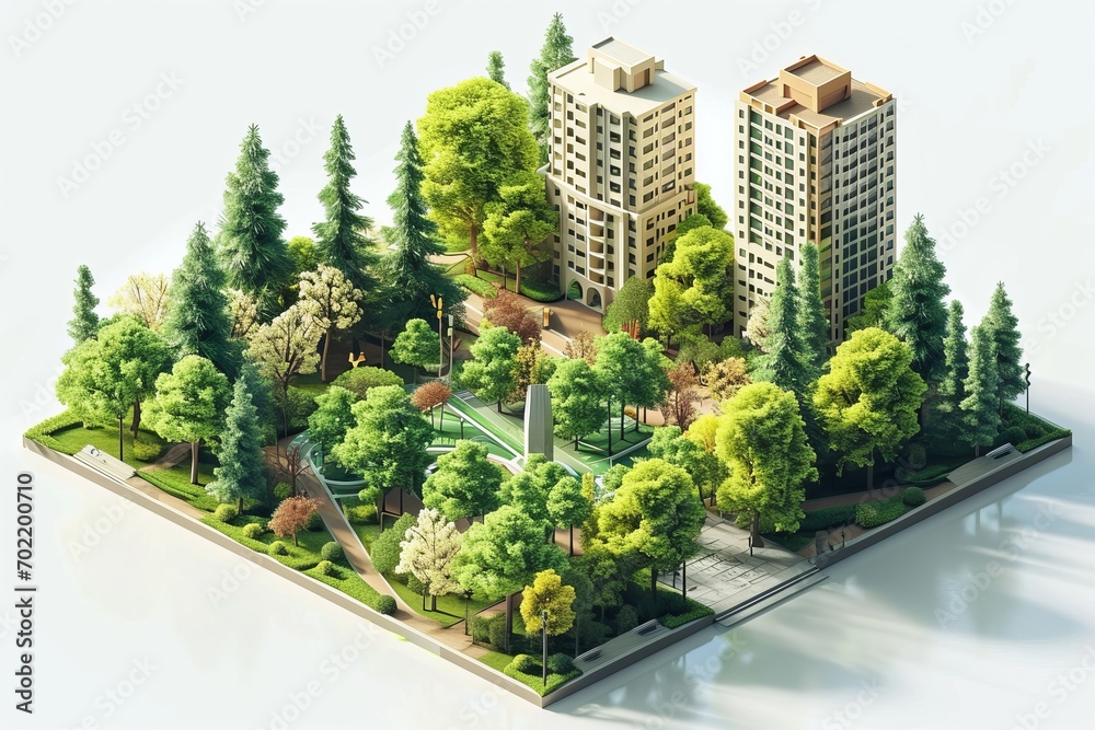 Fototapeta premium Isometric City Park in Cartoon Style, Surrounded by Animated Trees, Against a White Background, Generative AI
