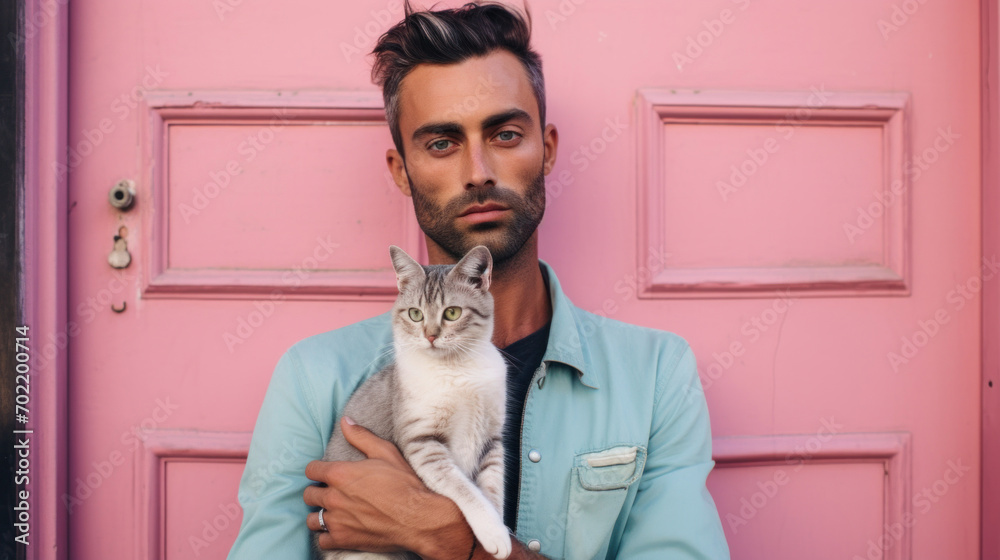 Handsome young man with beard and mustache in blue jacket holding cat on pink background - obrazy, fototapety, plakaty 