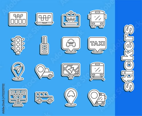 Set line Location with bus, Train, taxi, Taxi driver license, Car key remote, Traffic light, Taximeter and  icon. Vector