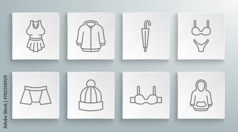 Set line Men underpants, Hoodie, Winter hat, Bra, Umbrella, Swimsuit and Undershirt icon. Vector Set line Men underpants, Hoodie, Winter hat, Bra, Umbrella, Swimsuit and Undershirt icon. Vector