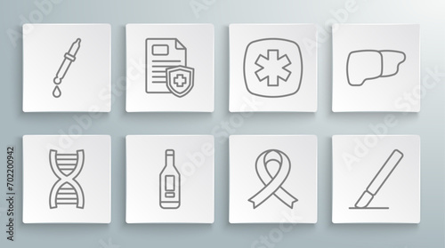 Set line DNA symbol, Patient record, Digital thermometer, Awareness ribbon, Surgery scalpel, Emergency - Star of Life, Human organ liver and Pipette icon. Vector