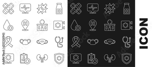 Set line Life insurance, Stethoscope, Emergency - Star of, Joint pain, knee pain, Location hospital, Donate drop blood, Crossed bandage plaster and Hospital building icon. Vector