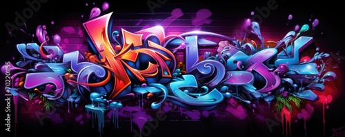 Modern night city with colorful 3D graffiti in street, panorama banner. Generative Ai.