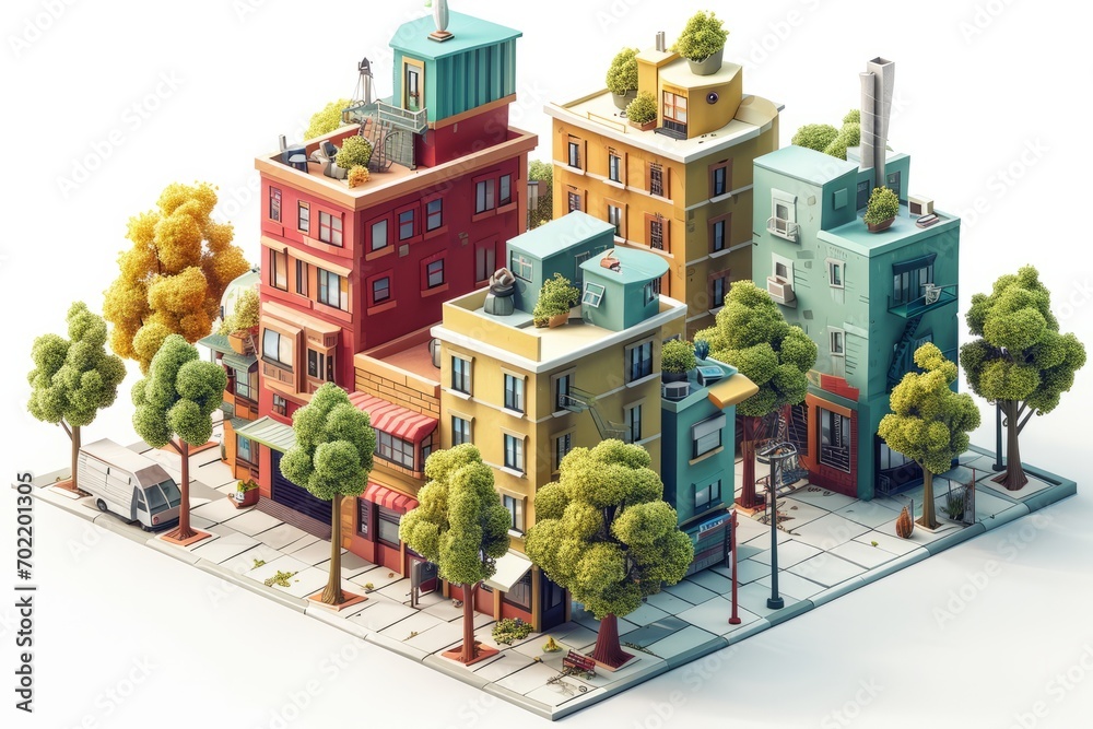 Isometric Urban Landscape in Cartoon Style, Featuring Cute Trees and Quirky Architecture, on an Isolated White Background, Generative AI