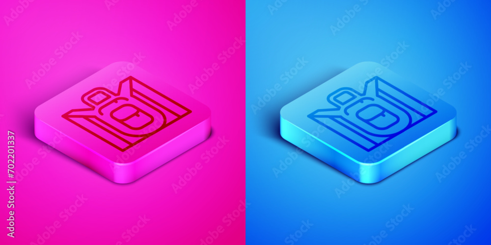 Isometric line Hiking backpack icon isolated on pink and blue background. Camping and mountain exploring backpack. Square button. Vector Isometric line Hiking backpack icon isolated on pink and blue background. Camping and mountain exploring backpack. Square button. Vector