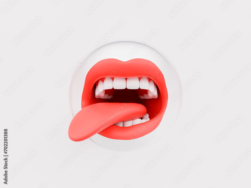 3D rendering of a stylized shouting mouth with a red tongue and white teeth set against a plain white background. 3D rendering of a stylized shouting mouth with a red tongue and white teeth set against a plain white background.