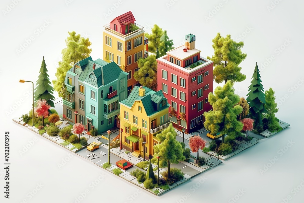 Isometric Urban Landscape in Cartoon Style, Featuring Cute Trees and Quirky Architecture, on an Isolated White Background, Generative AI