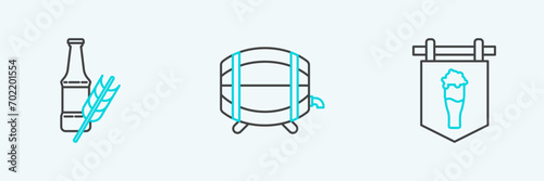 Set line Street signboard with glass of beer, Beer bottle and Wooden barrel on rack stopcock icon. Vector