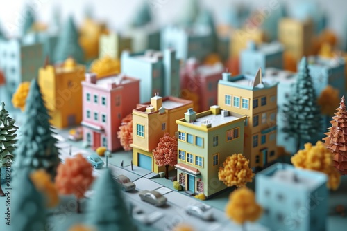 Cartoon Cityscape with Isometric Design, Animated Trees, and Whimsical Details, on a White Background, Generative AI 