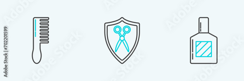 Set line Aftershave, Hairbrush and Scissors hairdresser and shield icon. Vector