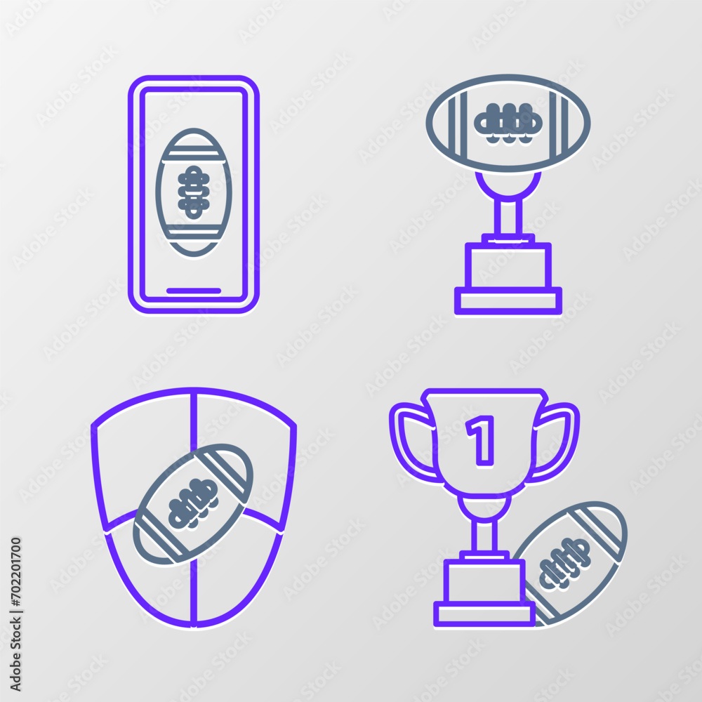 Set line Award cup and American football ball, Football shield, and Smartphone with american on the screen icon. Vector Set line Award cup and American football ball, Football shield, and Smartphone with american on the screen icon. Vector