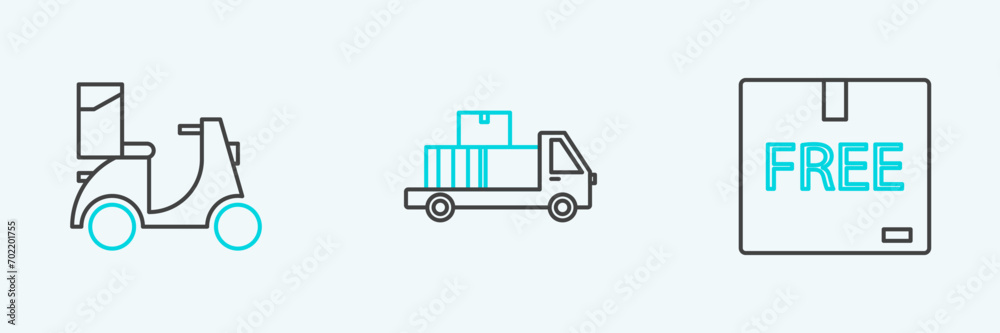 Set line Cardboard box with free symbol, Scooter delivery and Delivery truck cardboard boxes icon. Vector