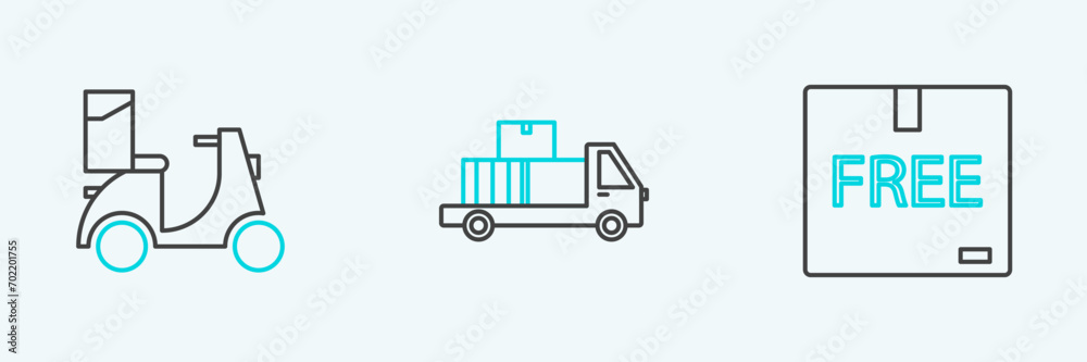 Set line Cardboard box with free symbol, Scooter delivery and Delivery truck cardboard boxes icon. Vector Set line Cardboard box with free symbol, Scooter delivery and Delivery truck cardboard boxes icon. Vector