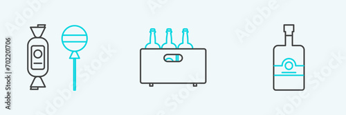 Set line Whiskey bottle, Lollipop and Bottles of wine in a wooden box icon. Vector