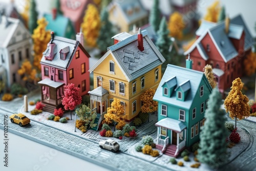Isometric Town with Cartoon Trees and Cozy Homes, Creating a Relaxed Atmosphere, on a White Surface, Generative AI