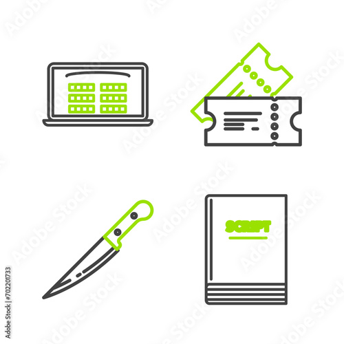 Set line Scenario, Knife, Cinema ticket and Buy cinema online icon. Vector