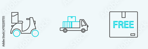 Set line Cardboard box with free symbol, Scooter delivery and Delivery truck cardboard boxes icon. Vector