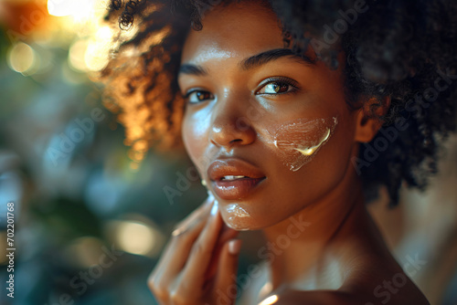 a lifestyle stock photography of African American woman with afro hair applying cream to her cheek, smiling, skincare concept, close-up side view.  photo