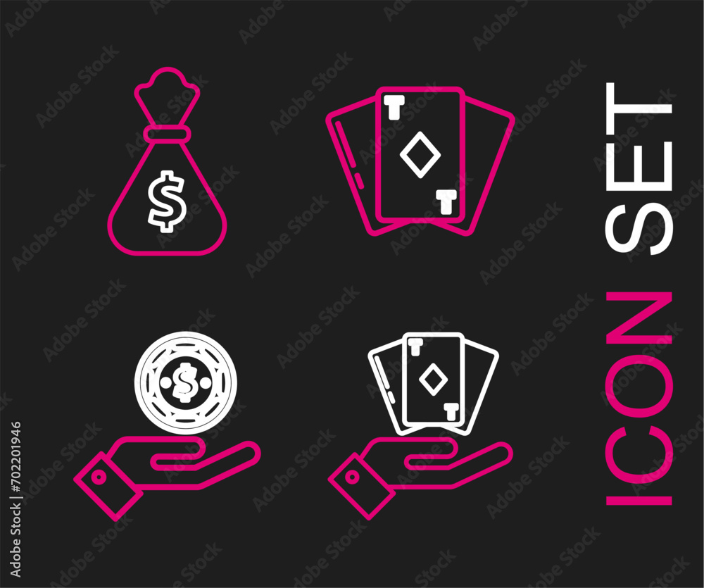 Set line Hand holding deck of playing cards, casino chips, Playing with diamonds and Money bag icon. Vector Set line Hand holding deck of playing cards, casino chips, Playing with diamonds and Money bag icon. Vector