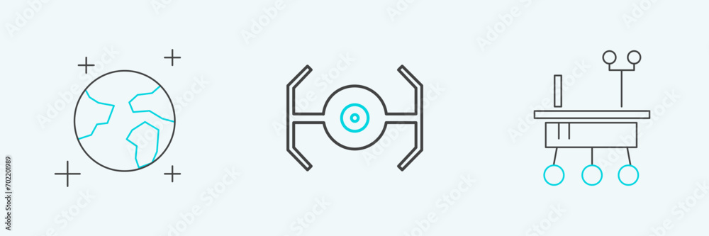 Set line Mars rover, Earth globe and Cosmic ship icon. Vector Set line Mars rover, Earth globe and Cosmic ship icon. Vector