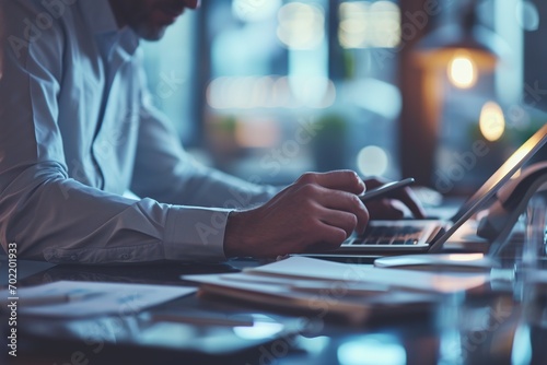 Businessman working on laptop computer in modern office, closeup. Business and technology concept