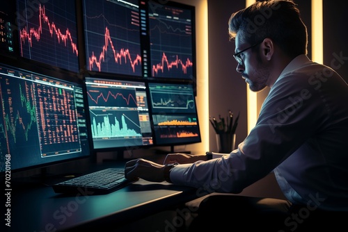 Male trader analyzing stock market data on multiple computer monitors while working late