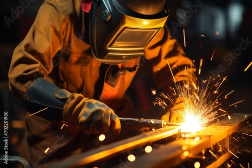 Man in protective workwear welding with sparks flying during metalworking in workshop