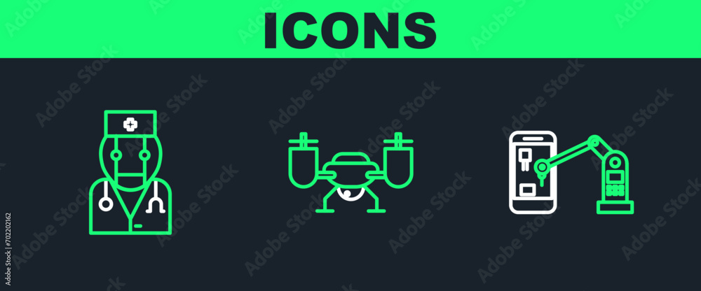 Set line Industrial machine robotic robot arm hand, Robot doctor and Drone flying with action camera icon. Vector