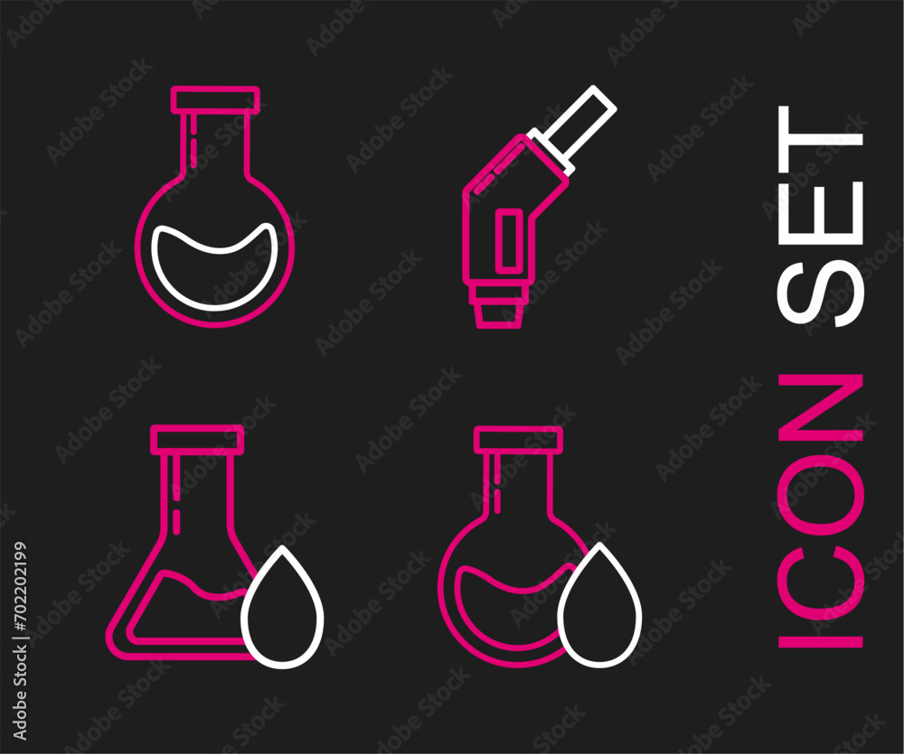 Set line Oil petrol test tube, Gasoline pump nozzle and Test and flask icon. Vector Set line Oil petrol test tube, Gasoline pump nozzle and Test and flask icon. Vector