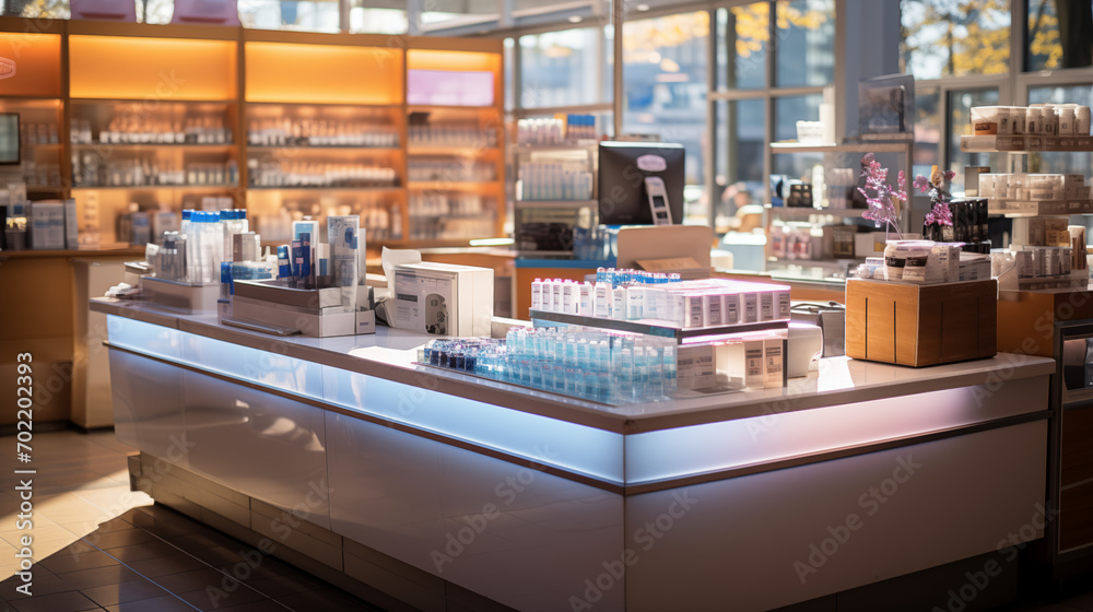 A pharmacy store counter with a lot of bottles with pills and cosmetics on it