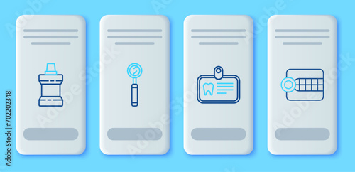Set line Dental inspection mirror, Id card with tooth, Mouthwash plastic bottle and Dentures model icon. Vector
