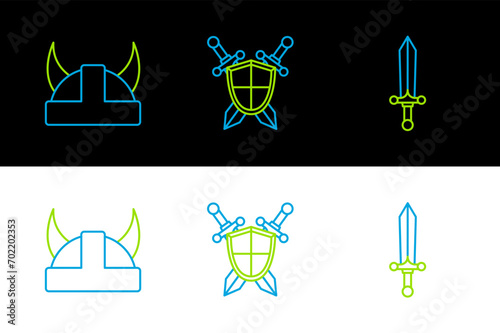 Set line Medieval sword, Viking in horned helmet and shield with crossed swords icon. Vector