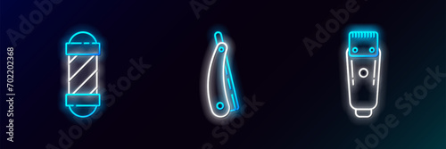 Set line Electrical hair clipper or shaver, Classic Barber shop pole and Straight razor icon. Glowing neon. Vector