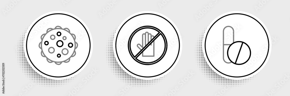 Set line Medicine pill or tablet, Virus and No handshake icon. Vector Set line Medicine pill or tablet, Virus and No handshake icon. Vector