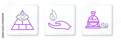 Set line Witch cauldron and magic stone, Masons and Hand holding fire icon. Vector