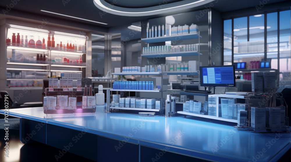 A counter in a pharmacy store filled with lots of bottles with medicine and cosmetics A counter in a pharmacy store filled with lots of bottles with medicine and cosmetics