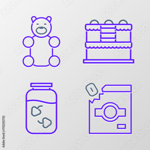 Set line Candy packaging for sweets, Strawberry jam jar, Cake and Jelly bear candy icon. Vector