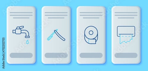 Set line Straight razor, Toilet paper roll, Water tap and Paper towel dispenser on wall icon. Vector