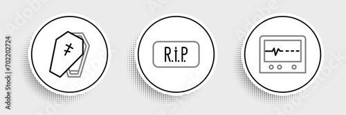 Set line Beat dead in monitor, Coffin with cross and Speech bubble rip death icon. Vector