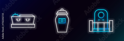 Set line Grave with tombstone, Coffin dead and Funeral urn icon. Glowing neon. Vector