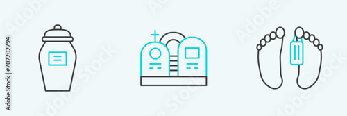 Set line Dead body, Funeral urn and Grave with tombstone icon. Vector