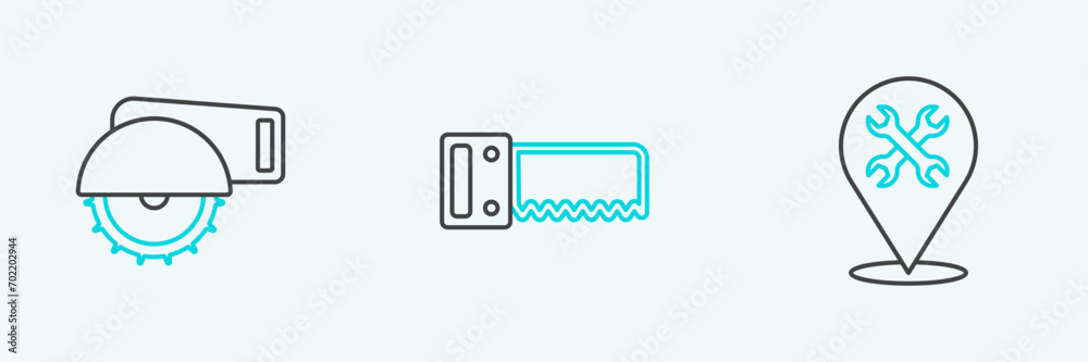Set line Location with wrench, Electric circular saw and Hand icon. Vector Set line Location with wrench, Electric circular saw and Hand icon. Vector