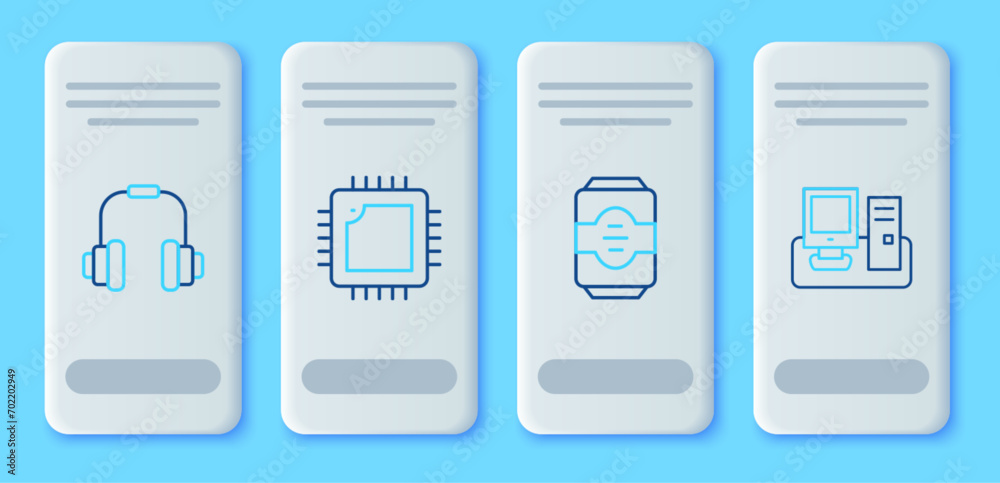 Set line Processor with CPU, Energy drink, Headphones and Monitor keyboard icon. Vector