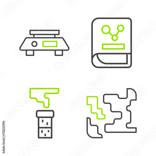 Set line Gaseous, Test tube and flask, Chemistry book and Electronic scales icon. Vector