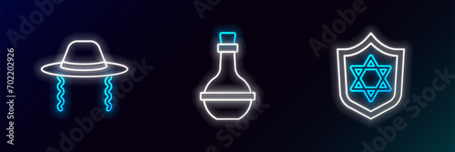 Set line Shield with Star of David, Orthodox jewish hat and Jewish wine bottle icon. Glowing neon. Vector