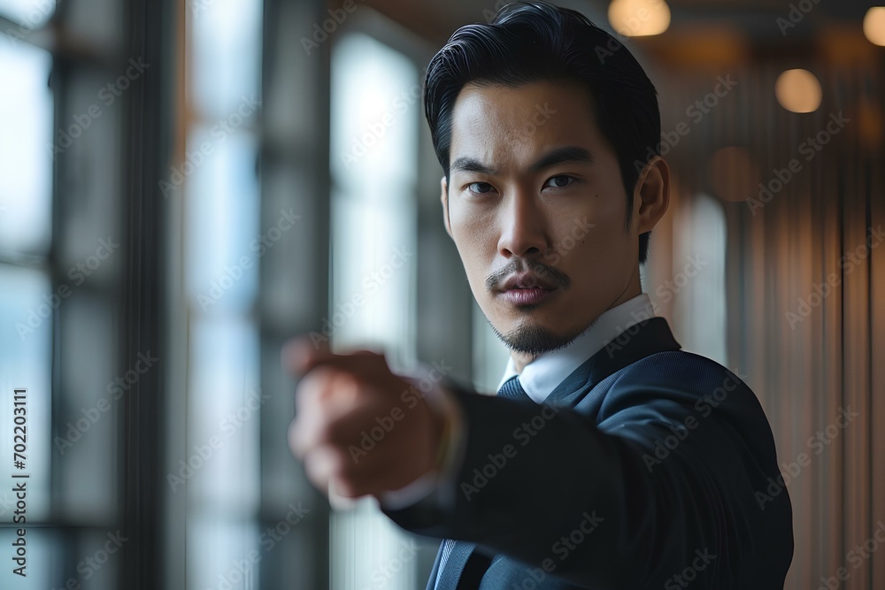 a asian businessman pointing at the camera with caution. generative AI a asian businessman pointing at the camera with caution. generative AI
